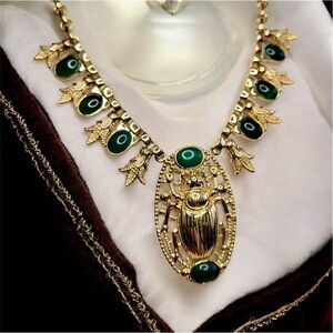 24k Gold over Bronze Egyptian Revival Large Scarab Lotus Necklace Genuine Onyx
